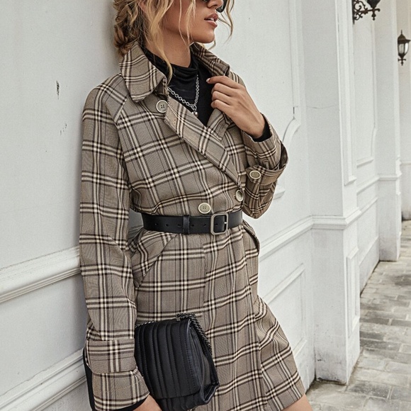 plaid button pocketed trench pea coat brown camel - Picture 2 of 9